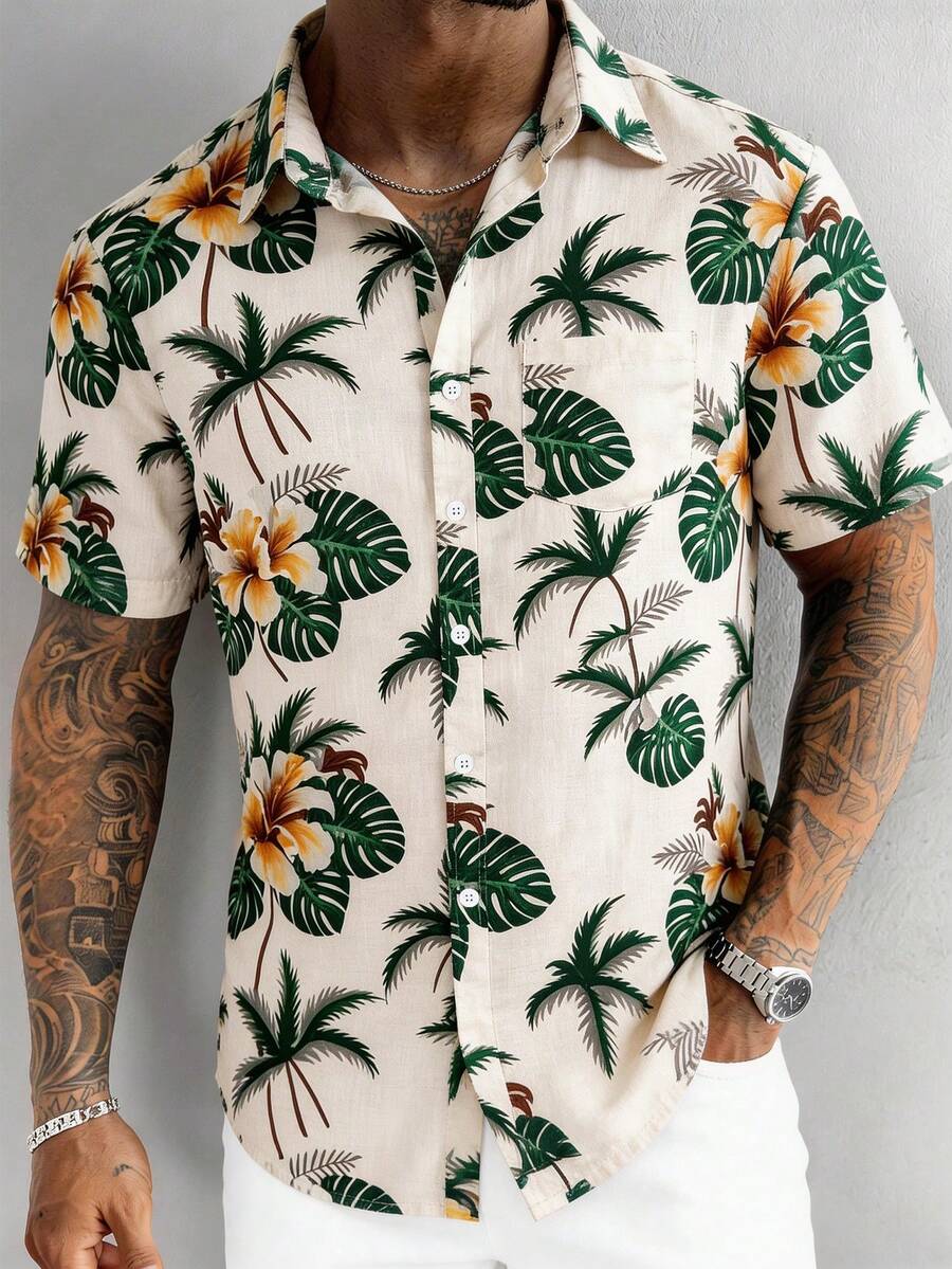 GloMan 男士沙滩度假风热带花卉印花短袖休闲衬衫,纽扣前开襟,夏季穿着,适合度假和日常穿着。时尚百搭,是送给丈夫或男友的理想礼物。 - 彩色 - 查看 1