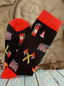 1 Pair Men's Fire Truck Firefighting Graphic Mid-Calf Socks, Funny Vehicle Design, Suitable For Casual Daily Wear - Multicolor - View 3