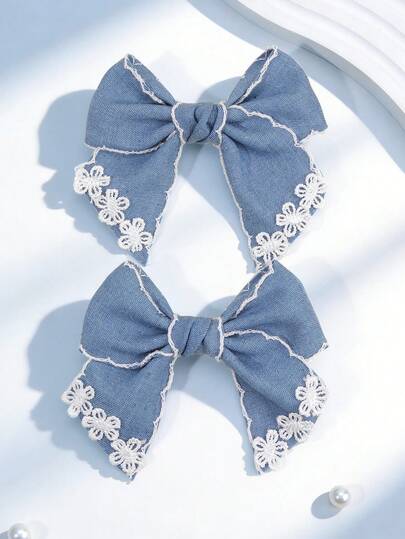 2pcs Blue Hair Bows For Girls,Lace Flower Bow Hair Clips,Alligator Clips Swallow Tail Hair Accessories For Girls Gifts