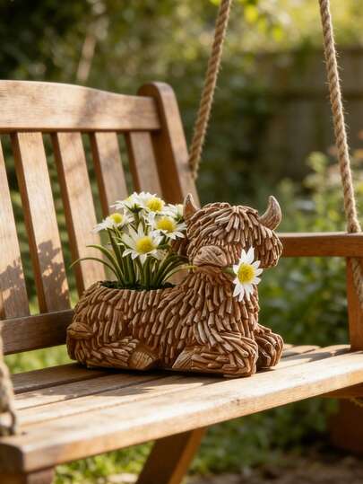 Resin Highland Cow Planter, Cute Scottish Highland Cattle Flower Pot, Animal Shaped Succulent Planter For Indoor Outdoor Garden, Patio, Balcony, Yard, Home Decor, Rustic Farmhouse Style Bonsai Pot, Unique Garden Ornament, Weatherproof Resin Sculpture For Plants, Cactus, Herbs, Perfect Gift For Cow Lovers, Garden Enthusiasts, Housewarming