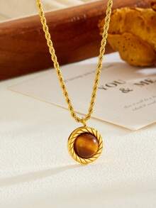 1pc 18K Gold-Plated Stainless Steel Twisted Oval Faux Cat's Eye Pendant Necklace/Earrings, Unique Luxury Design, Suitable For Women's Daily, Party, And Gift Giving - Brown - View 6