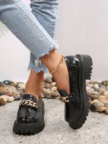 女士复古厚底乐福鞋、厚底玛丽珍鞋、甜美性感学院风牛津鞋、金属扣装饰厚底鞋、绑带装饰女士高跟鞋、日常通勤女士正装鞋 - 黑色 - 查看 3