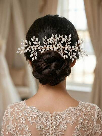 1pc Romantic Pale Gold Leaf Bridal Hair Comb - Boho Style Crystal Floral Hairpin, Delicate Forest Inspired Wedding Headpiece For Women & Bridesmaids