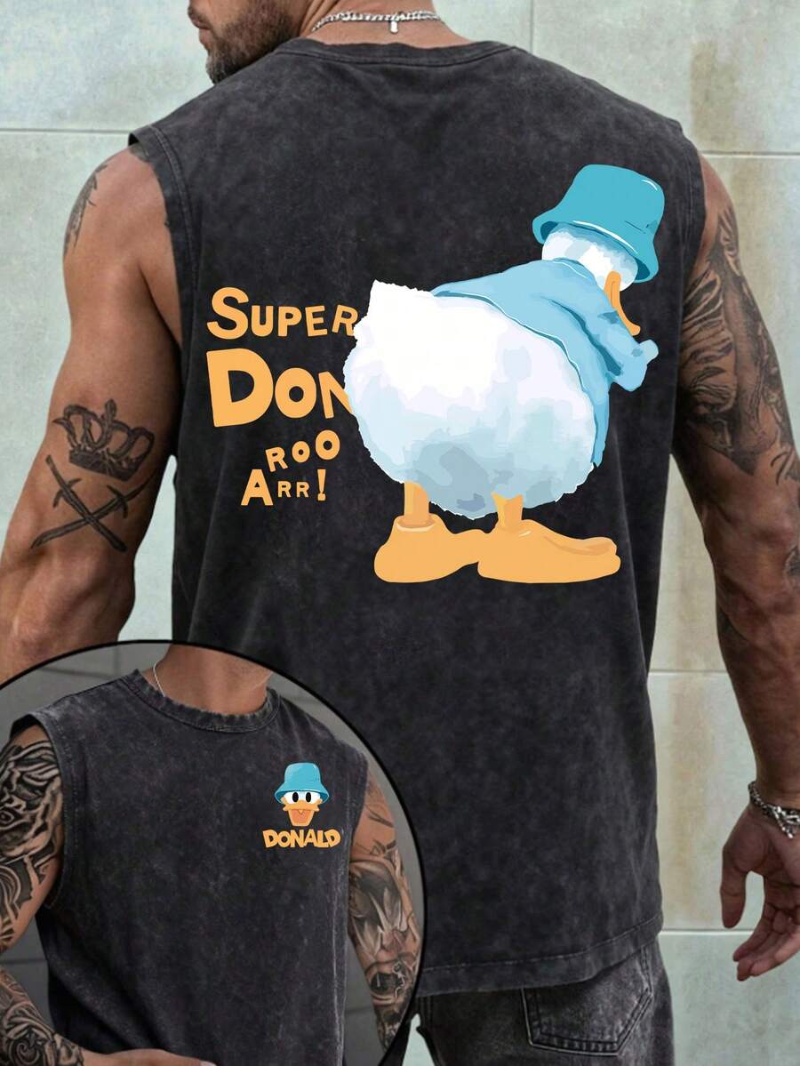 Disney Donald Duck Funny Super Don 230GSM Vintage Washed Streetwear Reversible Casual Tank Top - 黑色 - 查看 1