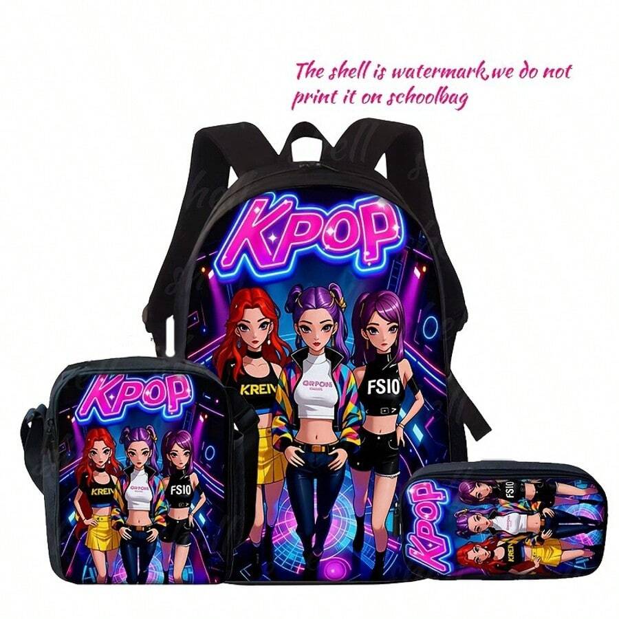 3件套/1件 K-POP 女团背包套装，高清印花手提包套装，适合青少年日常使用，轻便时尚通勤包，大容量旅行包带收纳袋，适合青少年 - 多色 - 查看 1