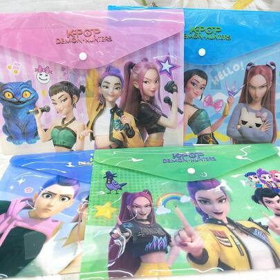 4pcs Anime Girl Group Theme Button File Bag, Waterproof Plastic Envelope Storage Bag, A4 Document Storage Bag, Stationery For Girls Returning To School Season.