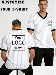 Spring/Summer New Loose Boyfriend Style White Striped T-Shirt, Customizable With Photo/Pattern/Advertising Print, Outdoor Vacation Casual Couple Outfit, Creative Gift - White - View 1