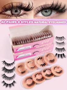 MAANGE 20/40对装自然半眼/全眼假睫毛，混合长度，自然猫眼睫毛，化妆工具，超长蓬松仿貂毛睫毛，透明睫毛梗，自然长猫眼睫毛，3D蓬松睫毛，可爱迷你短款半眼睫毛，纤细透明睫毛梗，加长睫毛尖端，自然卷翘，可重复使用，圣诞睫毛礼盒套装，约会礼物，送给女性的礼物，女友，妻子，母亲，生日，派对，礼盒 - 黑色 - 查看 4