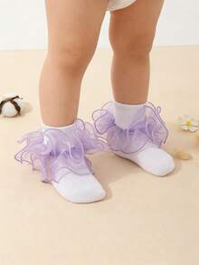 3 Pairs Girls' Sweet Cute Solid Ruffled Trim White Ankle Socks - Mauve Purple - View 4