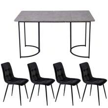 Dining Set (5 Pieces), Table And 4 Chairs, Modern Kitchen Set, 140*80cm Kitchen Table With Black Metal Legs, Grey MDF Top, Black Velvet Dining Chairs - Maroon - View 5