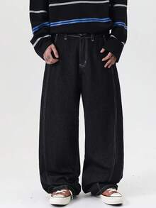 1pc Justice Brother Korean Street Style Embroidered Pocket Contrast Stitching Men's Black Loose Fit Wide Leg Jeans, Versatile Casual Pants, All Season - Black - View 3