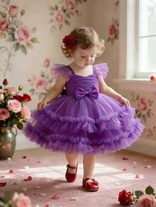 女婴V领蝴蝶结荷叶边网纱可爱婚纱，适合生日派对，不含头饰 - 紫色 - 查看 5