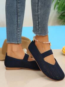 女士四季针织玛丽珍平底鞋，纯色套脚圆头鞋，织物鞋面和内衬，橡胶鞋底，建议手洗 - 藍色 - 查看 2