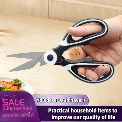 Tijeras de cocina multifuncionales, tijeras de cocina de acero inoxidable de alta resistencia, tijeras para barbacoa coreana, artículos para el hogar, suministros de cocina y bar, tijeras resistentes para cortar carne, pizza, ensalada, carne, aves de corral, pescado - Tijeras de corte de carne negras y blancas, tijeras para huesos de alta resistencia, multiusos, diseño ergonómico antideslizante