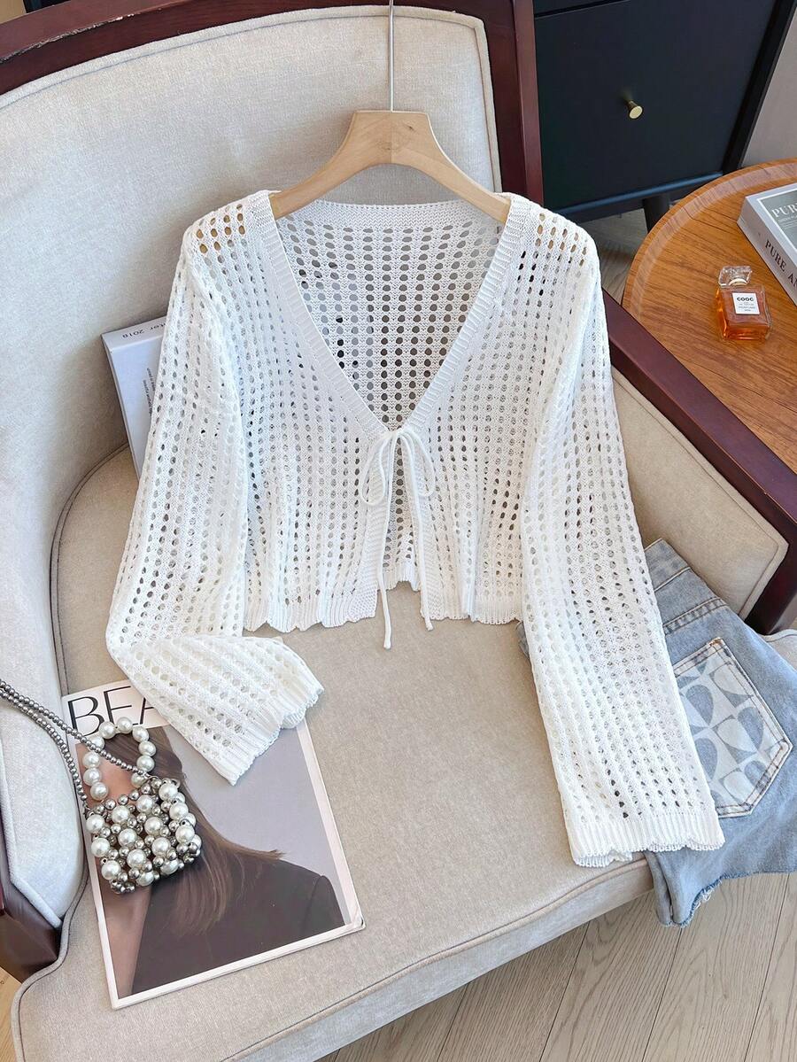 Women's Lightweight Knit Cardigan, Summer Sexy Casual Design Lace-Up Cropped Hollow Out Blouse