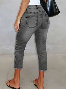 浅色水洗七分修身弹力牛仔裤，休闲通勤夏季之选 - 深灰色 - 查看 4