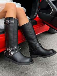 Women's Mid Calf Boots Slip On Riding Biker Booties Chunky Low Heel Riding Buckle Boot For Women Squared Toe Motorcycle Boots For Carnival Music Festival Concert - màu đen - Xem 1