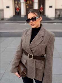 Áo blazer nữ thời trang công sở thanh lịch mùa xuân/thu với họa tiết xương cá, cổ ve áo kèm thắt lưng. - Lạc đà - Xem 3
