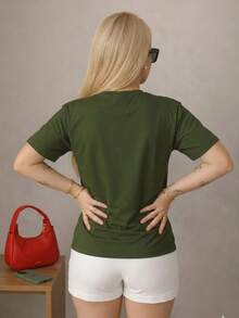 Women's T-Shirt, Short Sleeve, Premium Knit, Casual, Plain, Relaxed, 100% Cotton - 軍綠色 - 查看 2