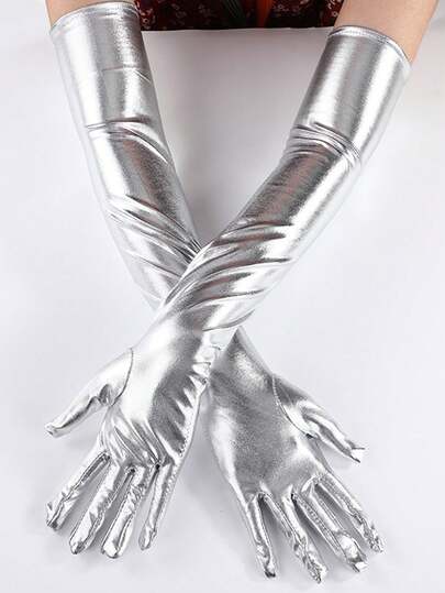 1 Pair 20in Silver Long Fingerless Gloves For Women, Suitable For Casual, Performance, Bride/Bridesmaid, Solid Color Casual Nylon Gloves, Women Hand Accessory