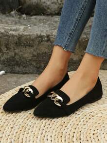 Breezelady Women's Casual Office Black Suede Flat Loafers, Gold Chain Decor Pointed Toe Slip On Daily All-Match Dress Shoes - 黑色 - 查看 6