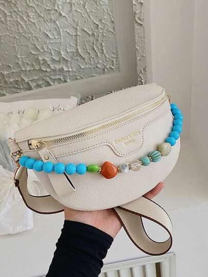 1pc Biege Color Beaded Decor + Letter Embossed Litchi Grain PU Leather Multifunctional Waist Bag, Zipper Closure, Sweet & Cool Girl Style, Shoulder & Crossbody Waist Bag For Daily Commute