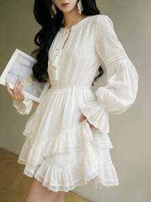 女士优雅蕾丝荷叶边不对称连衣裙 生日派对仙女裙 春夏灯笼袖假日沙滩装 返校节音乐会服装 白色 - 白色 - 查看 5