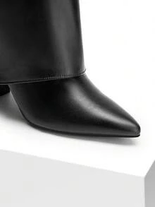 Women's High Heel Knee-High Boots Fold Over Cuff Padlock Pointed Toe Side Zipper Y2K Fashion Party Festival Tall Boots  Shoes - 黑色 - 查看 6