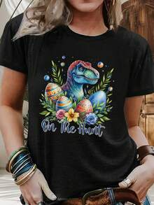 Camiseta De Manga Corta Para Mujer Con Estampado De Huevos De Pascua Y Pollitos - Blusa Casual De Cuello Redondo Para Primavera-Verano, Lavable A Máquina - Conjuntos De Primavera-Verano 670229 - [Negro] - Ver 3