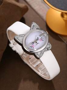 猫咪造型女童石英表，独特可爱猫脸表盘，理想礼物 - 彩色 - 查看 3