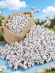 100/1000 件/包白色背景黑色字母珠，6 毫米亚克力方形英文字母珠，DIY 珠宝制作用品，装饰配件 | 溢出珠子 | 用于珠宝制作的耐用珠子材料 - 白色 - 查看 2