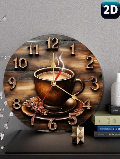 1pc 10"/12" Flat Non-Functional Clock - Vintage Coffee Cup Wall Decor, 2D Non-Working Clock | Classic Coffee Design | Easy-To-Read Black Numerals