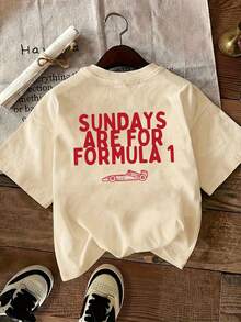 Spring/Summer Women 's White Pattern T-Shirt, SUNDAYS ARE FOR FORMULA F1 Racing Car Pattern Letter Slogan Pattern Printed Women' S T-Shirt, Theme Park Travel Clothing, Very Suitable For Beach Vacation, Summer Grand And Casual Seaside Style, Round Neck Fashionable Short-Sleeved Top - 杏色 - 查看 1