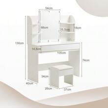 3-In-1-Schminktisch Mit Spiegel, Nachttisch, Rollhocker, Schubladen, White - White - View 5