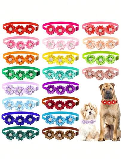 10pcs/Set Random 3 Flower Pet Collar, Rhinestone Flower Decor, Adjustable Size, Suitable For Cats And Small/Medium Dogs