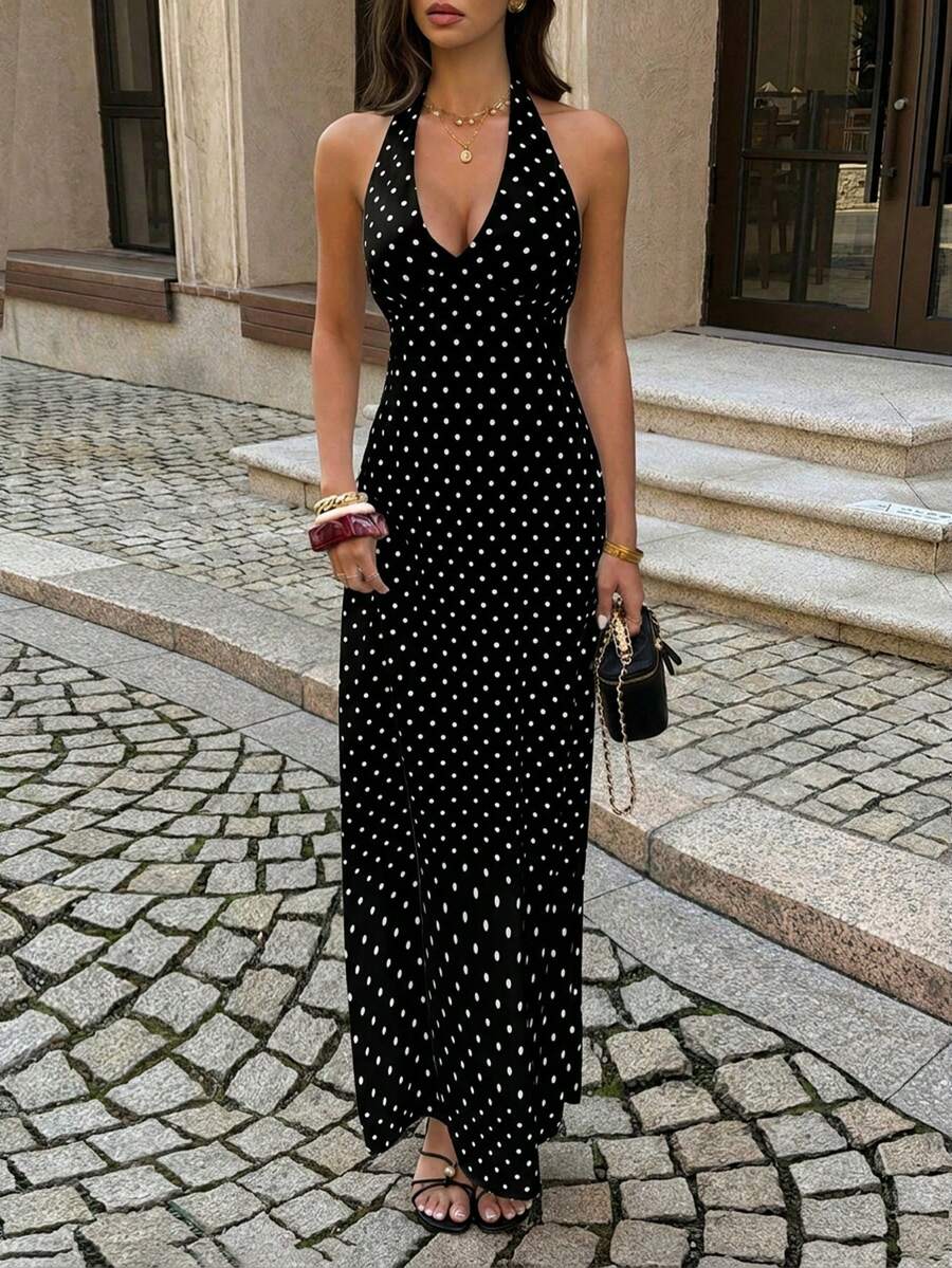 Đầm nữ mùa hè cổ thấp, buộc dây, lưng hở, khóa kéo, chất liệu chấm bi, gợi cảm và thanh lịch, thích hợp cho hẹn hò, du lịch, tiệc tùng, ăn tối, ngày Valentine, sinh nhật và các dịp lễ khác. - màu đen - Xem 1