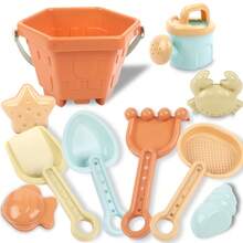 10件套儿童水上沙滩玩具套装 - 橙色六边形沙桶、浅蓝色浇水壶、2把铲子、棕色耙子（16.4*8*3厘米）、米色筛子、4个沙模（螃蟹/鱼/贝壳/星星，颜色分别为米色/橙色/浅蓝色），耐用塑料材质，夏季水上沙滩玩具套装，适合作为生日/节日/沙滩/泳池礼物 - 西瓜粉 - 查看 2
