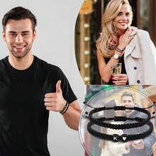 2件套黑白心形26字母编织手链，简约百搭爱心手链套装 - 黑色 - 查看 3