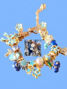 1条红色樱桃串珠手链，蝴蝶结爱心星星女孩手链，可爱樱桃十字架手链，幸运蓝色樱桃星星手链，复古爱心手链 - 寶藍色 - 查看 3