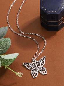 精致镂空动物蝴蝶几何吊坠项链，女士情人节礼物，锁骨链，毛衣链，珠宝 - 白色 - 查看 2