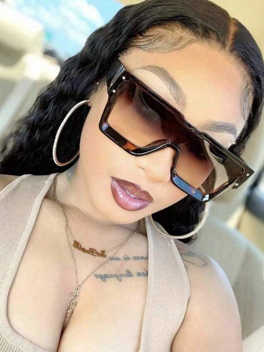 1pc Women's Oversized Tortoiseshell Retro Square Fashion Glasses With Personality Studs Y2K Fashion Eyewear, Suitable For Daily Wear, Travel And Vacation - 棕色 - 查看 1