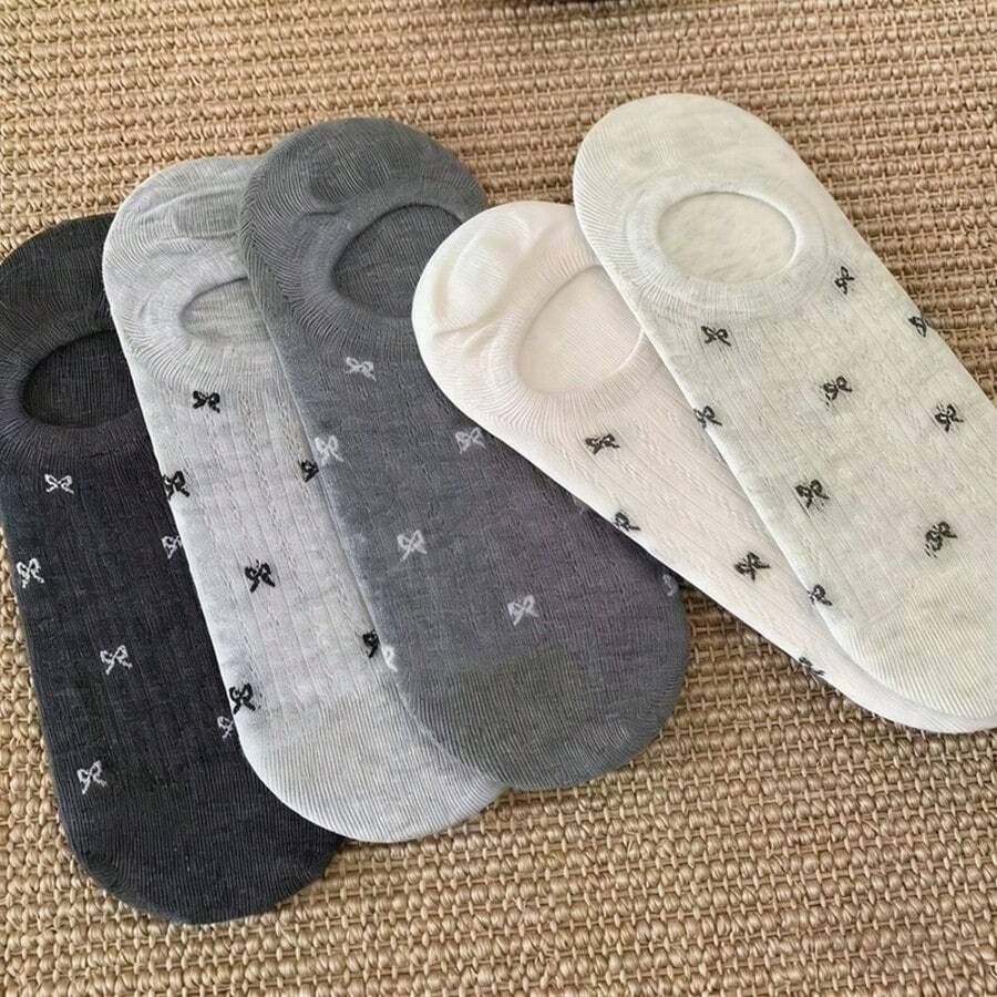 5雙夏季休閒襪,透氣運動襪,休閒蝴蝶結Ins風女襪,船襪,薄款低筒防滑吸汗透氣隱形襪,適合夏季 - 彩色 - 查看 1