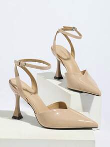 女士高跟鞋，时尚尖头镂空粗跟鞋，踝带套脚凉鞋，适合通勤和办公穿着 - 粉色 - 查看 7