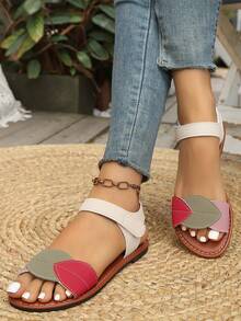 Sandal Datar Motif Daun Blok Warna dengan Tali Belakang dan Penutup Jari Kaki, Gaya Kasual untuk Liburan, Perjalanan Sehari-hari, dan Acara Liburan, Sandal Datar Hitam dan Sandal Datar Blok Warna Krem - Putih - View 6