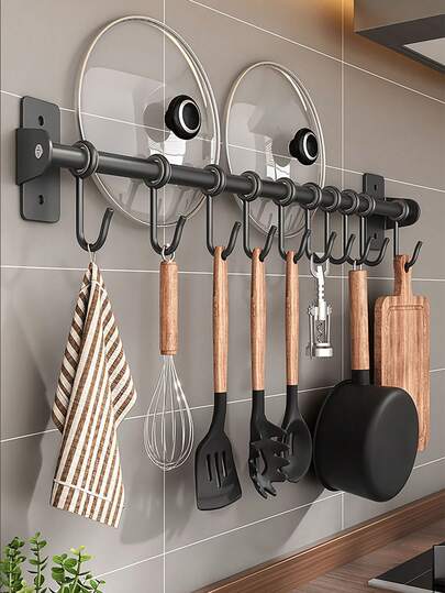 1 pieza Gancho móvil de 30cm/40cm/50cm, minimalista y elegante, sin taladro, de color negro, adecuado para cocina/baño/estante de almacenamiento de tapas de ollas, con cinta adhesiva para una fácil instalación por mujeres, también aplicable para ganchos de herramientas de garaje/ganchos de bolsos y llaves de entrada/ganchos de joyería