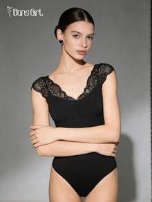 DonsGirl 1pc Women's V-Neck Lace Sleeve Dance Leotard, Sexy Lace Patchwork Slim Fit Unitard Black Spring - Black - View 4