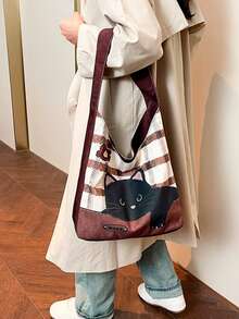 1pc Black Cartoon Cat & Dog All-Over Print + Funny Letter Print Thick Canvas Large Capacity Tote Bag, Casual College Style Shoulder Tote Bag For Daily Commute - Multicolor - View 4