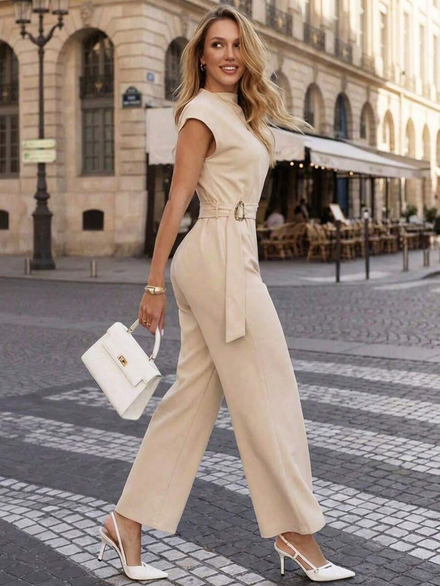 Perirose 女士奢华米色阔腿连体裤，优雅高领无袖连体裤，配腰带，适合春季办公室、婚礼宾客及正式场合穿着。 - 杏色 - 查看 1