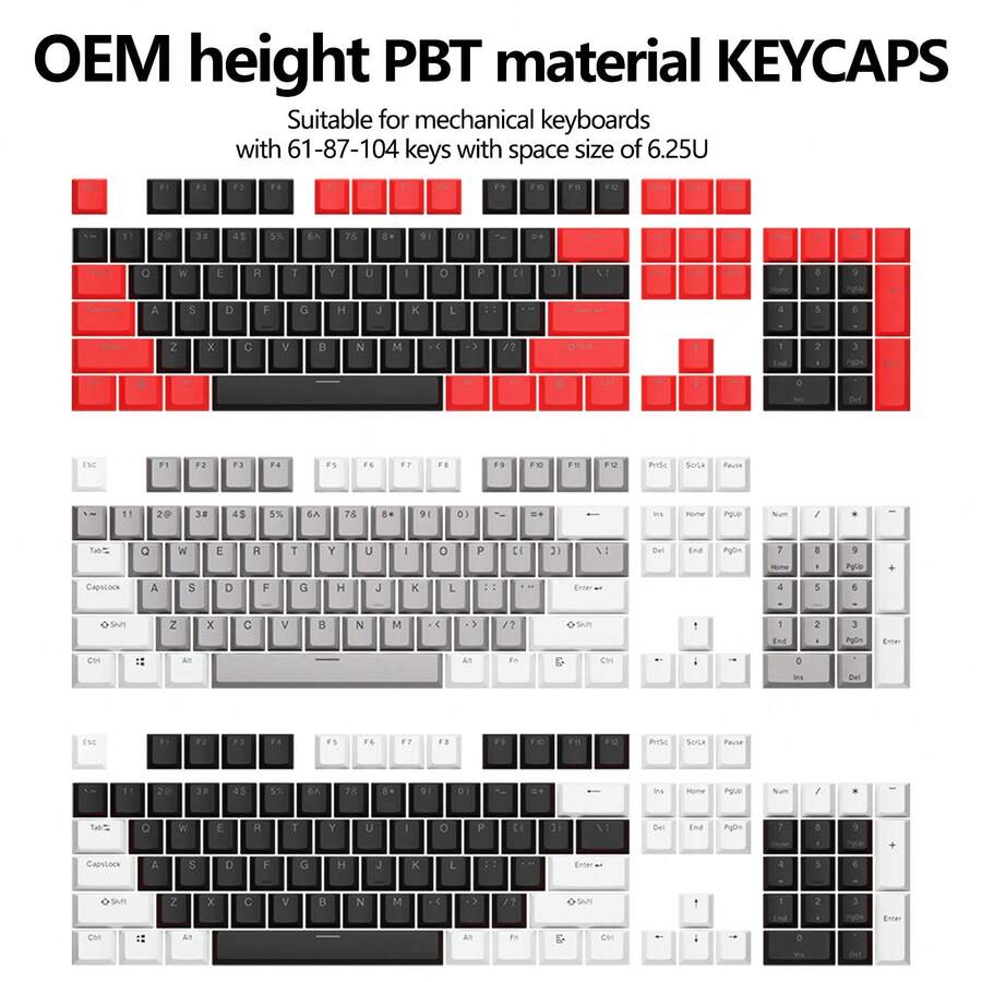 Keycaps Profil OEM Bahan PBT, Warna Campuran Abu-abu Merah Hitam Putih, Cocok untuk Sebagian Besar Keyboard Mekanik dengan Spacebar & Cross Switch 6.25U (Cherry MX Switch), Kompatibel dengan Keyboard Mekanik 61/87/104 Tombol