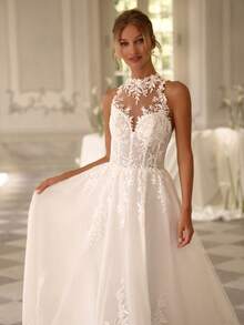 Vintage High Neck Halter Lace Illusion Tulle Backless Wedding Dress, Elegant Bridal Gown, Wedding Dresses For Bride, Elegant And Comfortable, Formal Dresses For Women, Suitable For Wedding, Party, Vacation, Bride, Formal Occasions, Dinner Dress, Prom Dress, After-Party Dress, Homecoming Dress, Cocktail Party, Birthday Party, Ceremony - 白色 - 查看 2